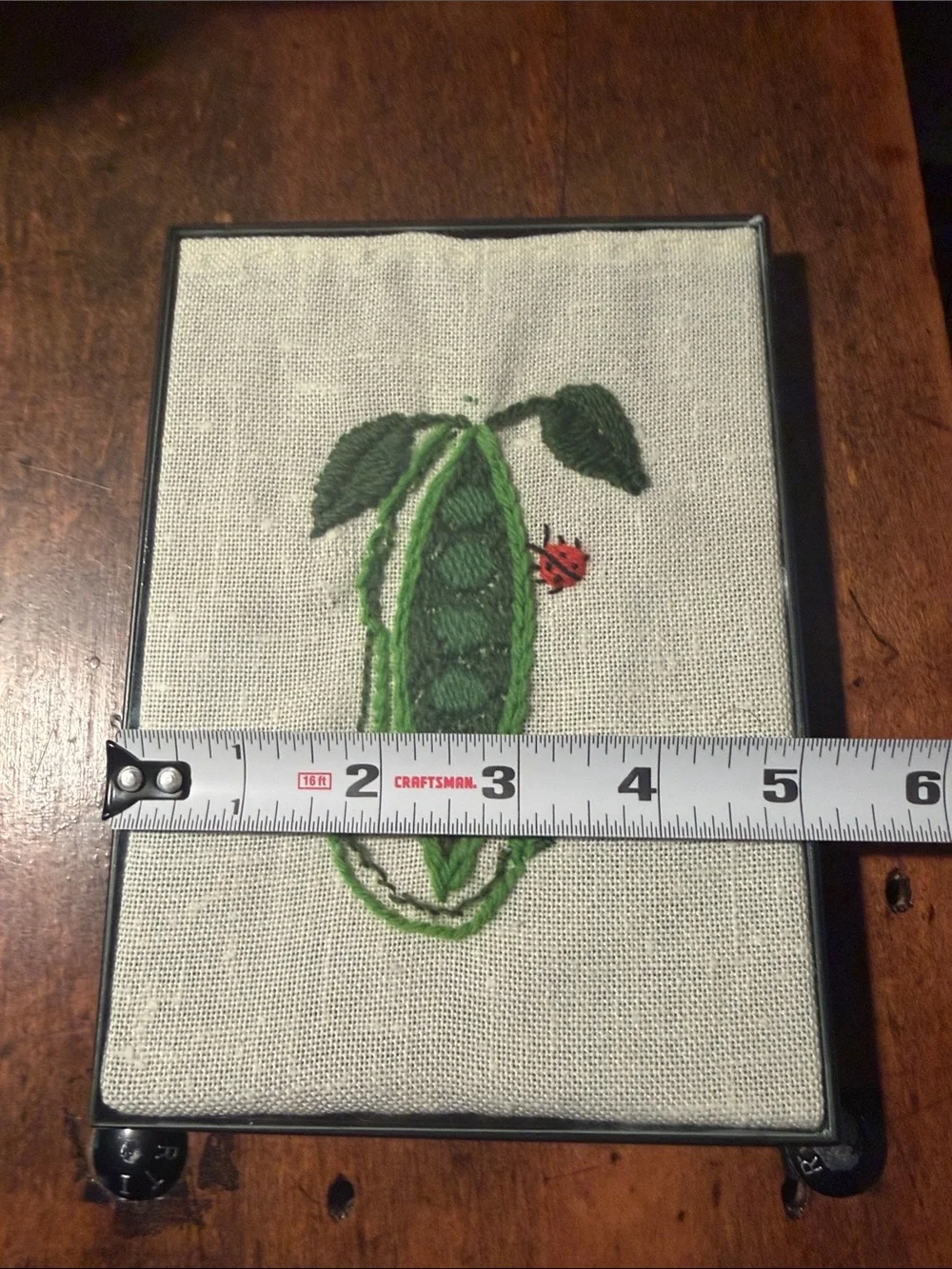 Vtg Hand-Embroidered Pea Pod Art with Ladybug Framed